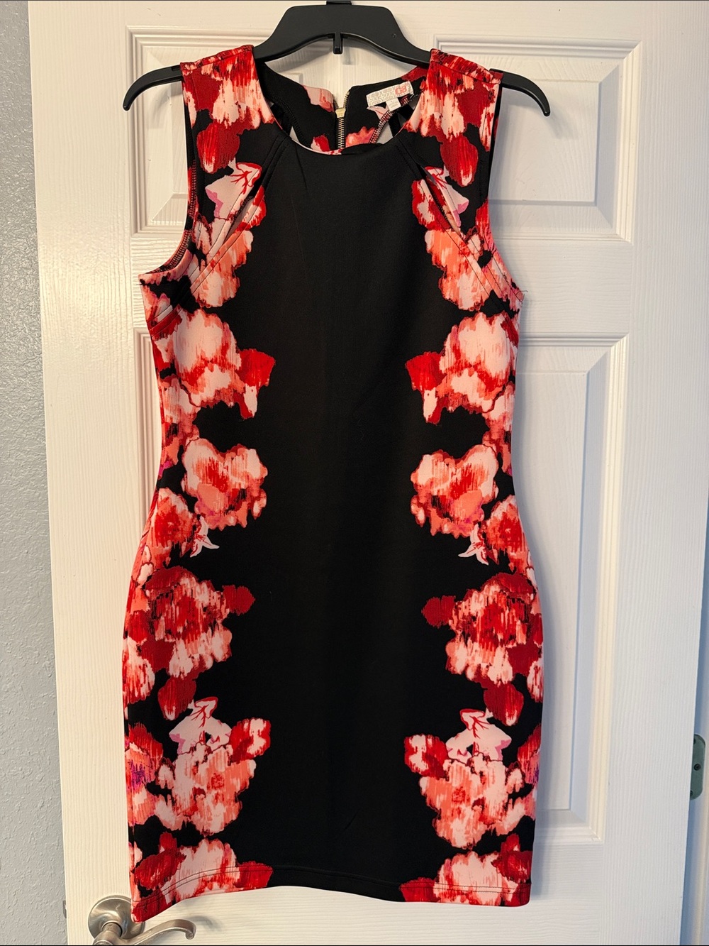 Gianni Bini Black Mini Dress with Red and Pink Floral Panels